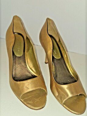 Marcello Paci Gold Leather Peep Toe Heels Stiletto Pumps Size 8.5